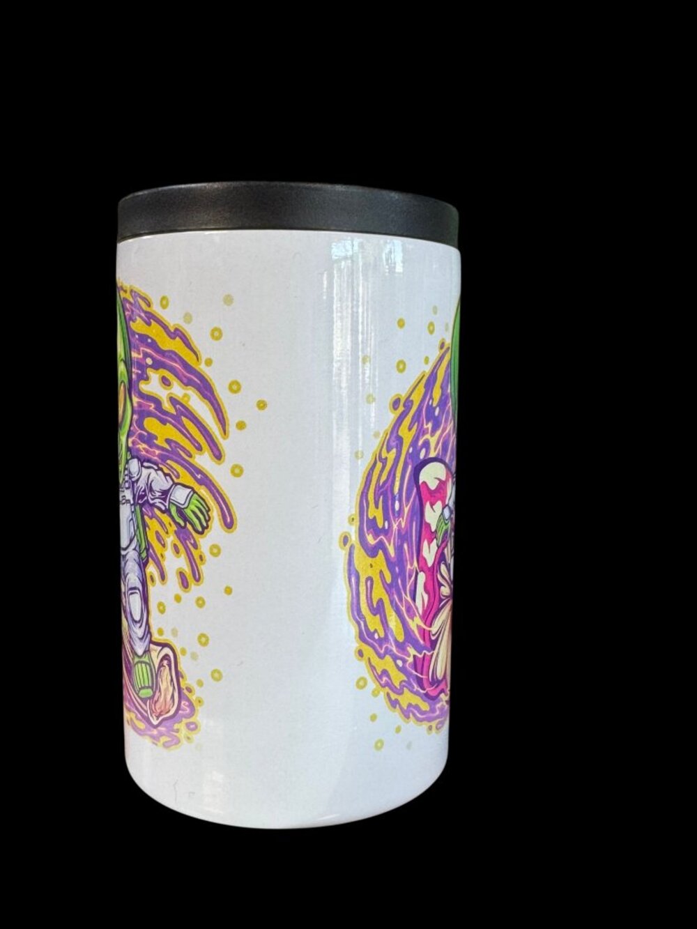 Alien Skateboarding Graphic 12oz Duozie Can Cooler, White with Black Lid